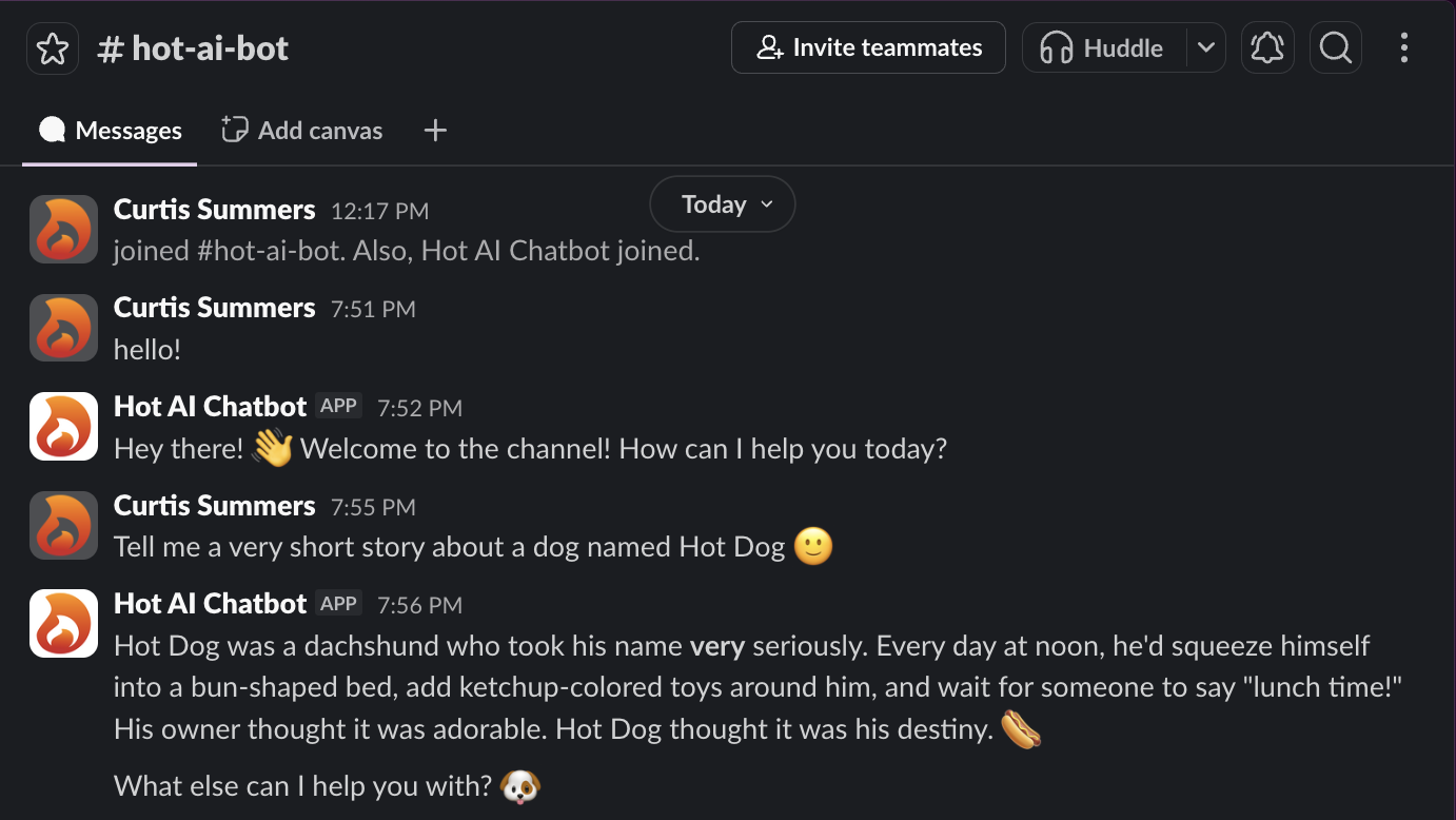 The bot responding in Slack with an AI reply