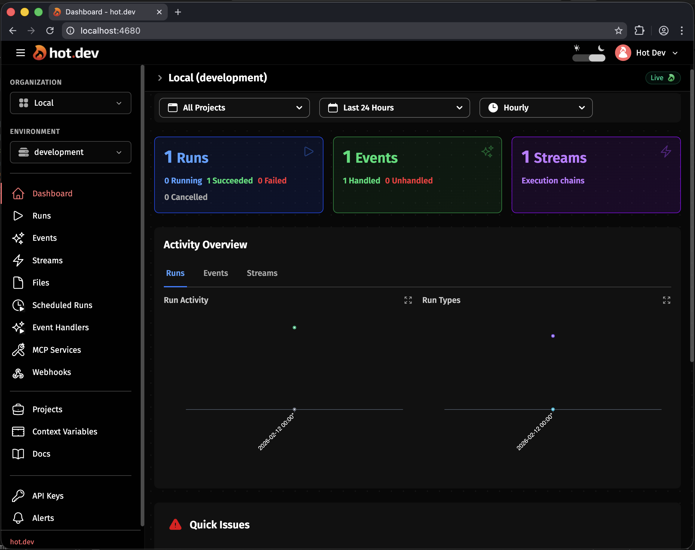 The local Hot Dev app in the browser at localhost