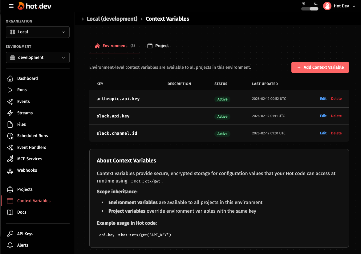 Context Variables page with API keys configured